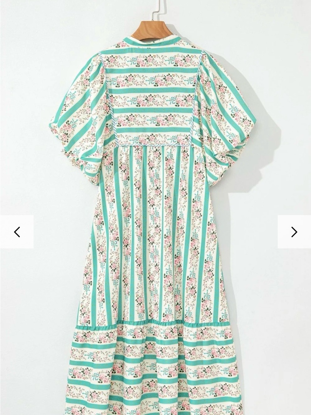 Striped Teal & White Floral Maxi Dress with Puff Sleeves - Picture 7 of 13